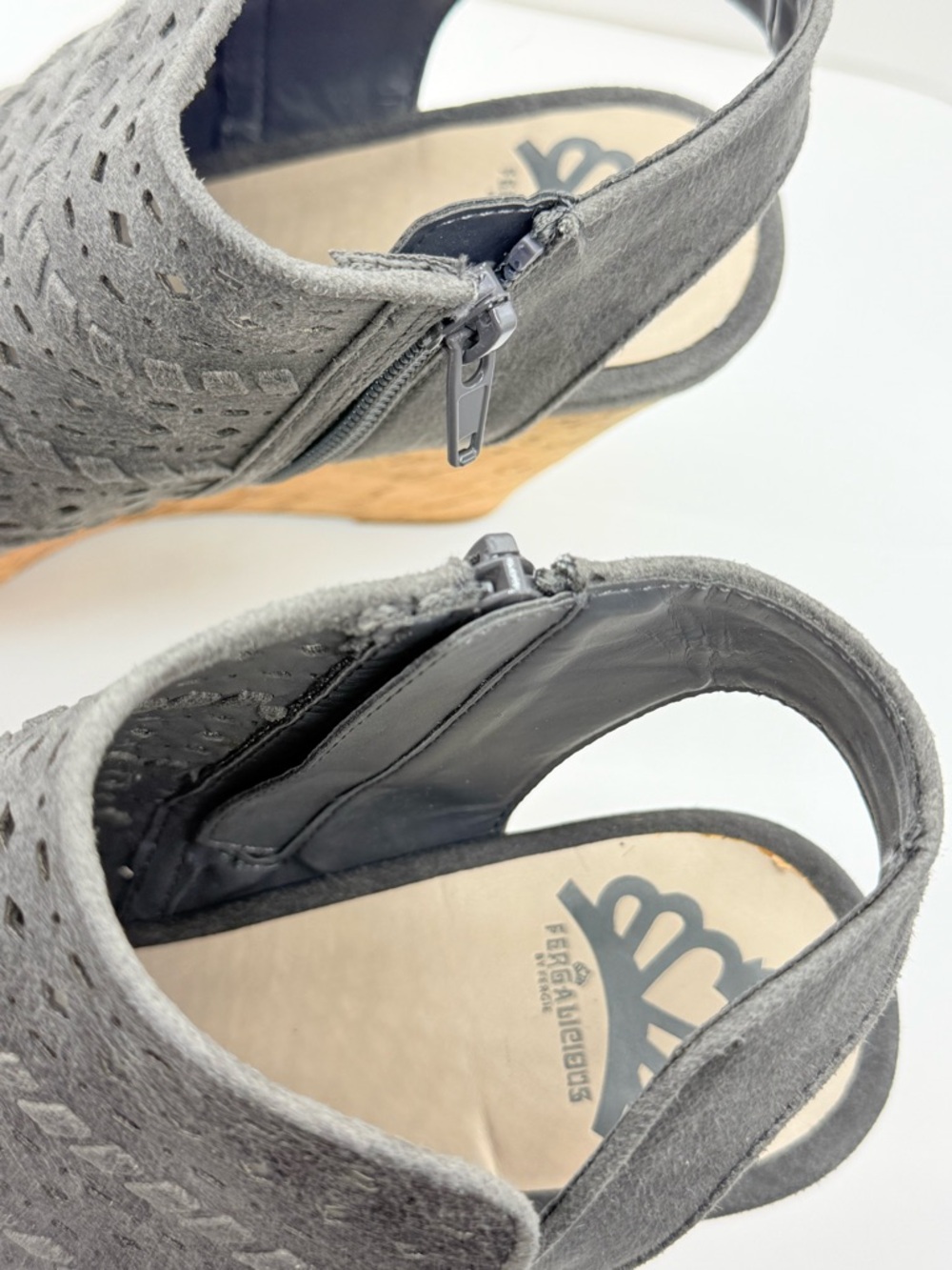 Fergalicious Gray Perforated Suede Cork Wedge Sandals - Picture 6 of 12